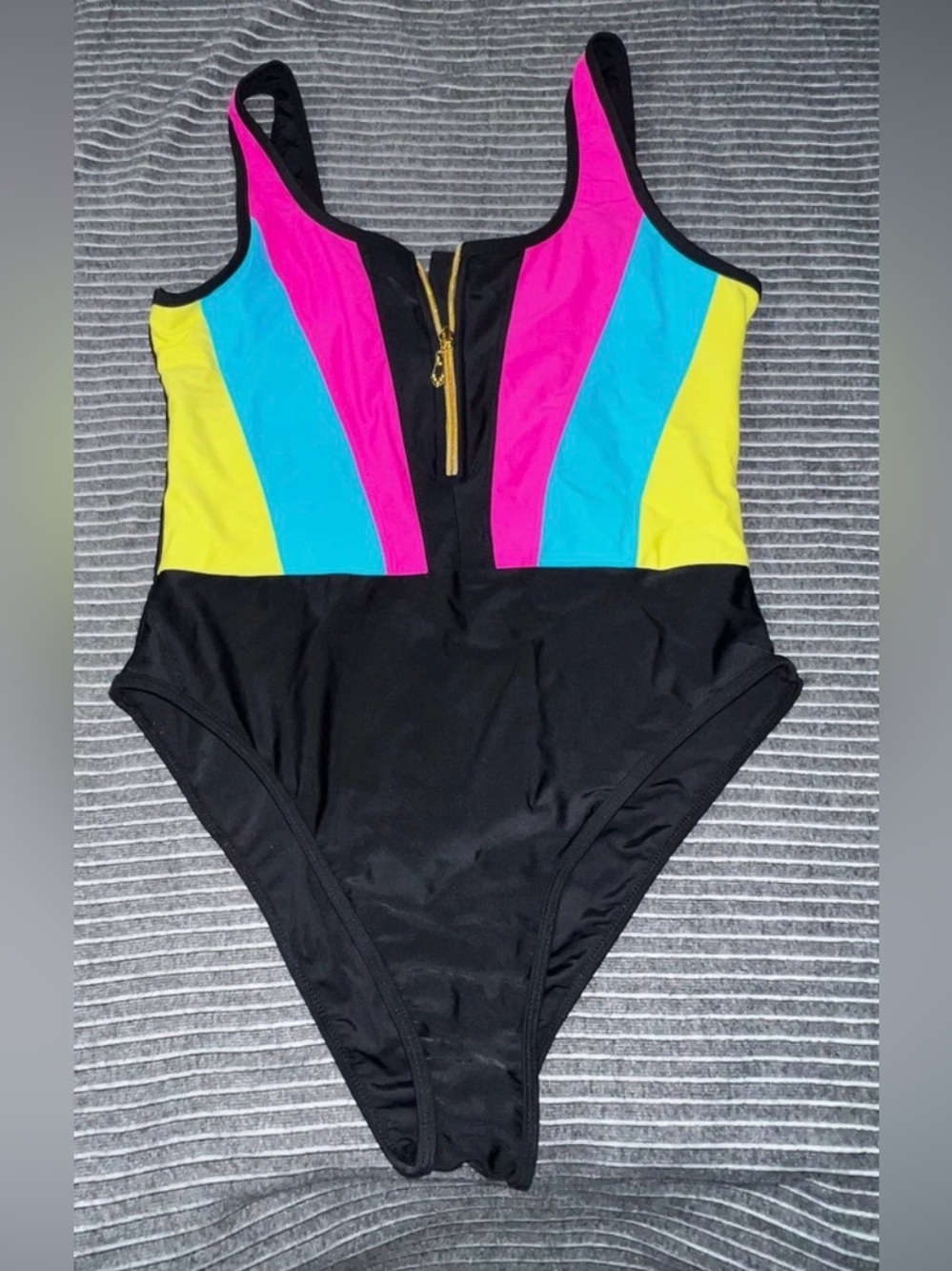 Women’s Black One-Piece Swimsuit w Neon Pink, Blue & Yellow, gold zip